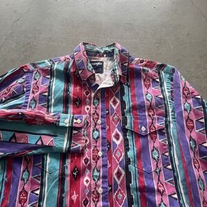 Wrangler Brushpopper Shirt Mens 15 1/2 - 34 Aztec Navajo Native Striped Vibrant